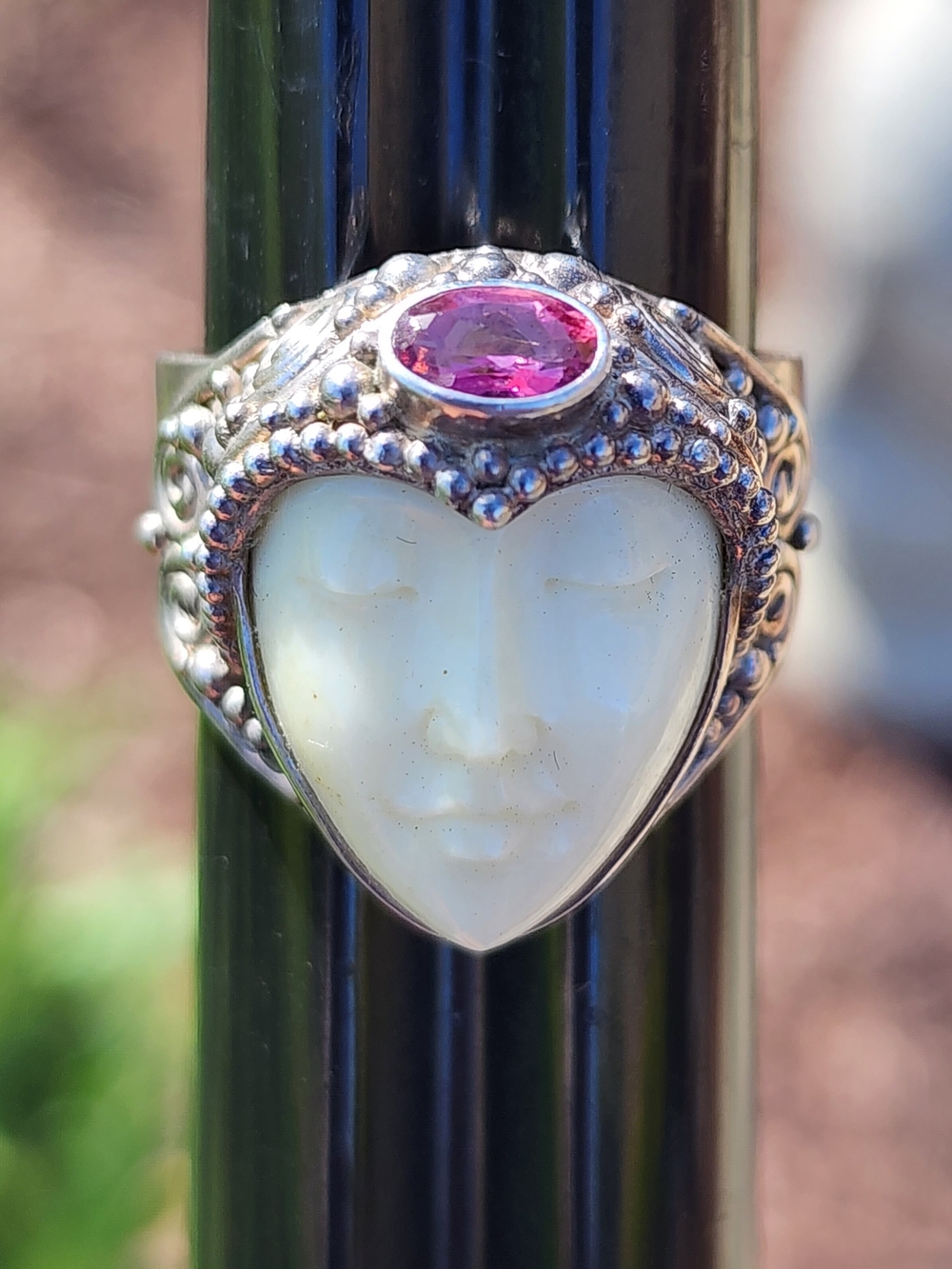 Sajen Sterling Silver Carved Bone Goddess Face Ring with Pink Tourmaline / Topaz